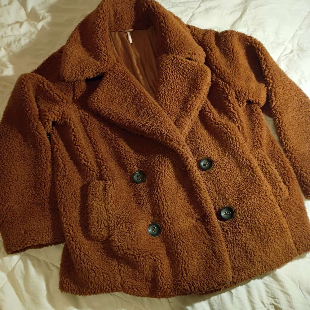 FREE PEOPLE Oversized Double Breasted Teddy Fleece Sherpa Jacket Tan Brown