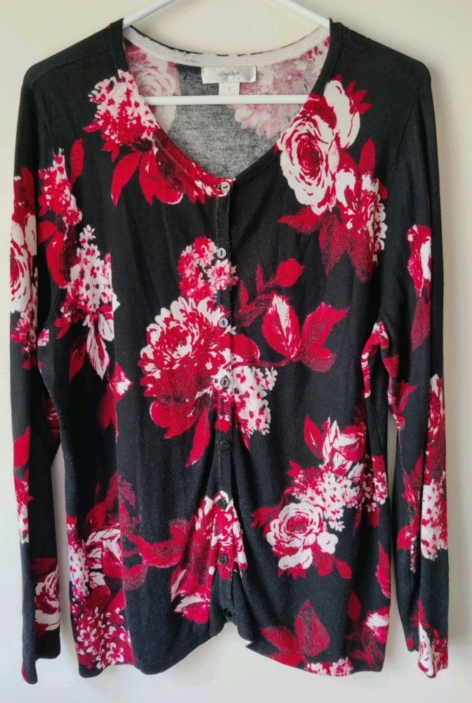 CJ Banks Sweater Women's Plus X Black Red Floral Cardigan Stretch Button Front