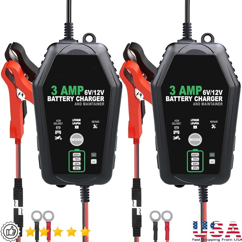 2 Pack 6V 12V 3A Smart Auto Battery Charger with Trickle Maintenance Mode