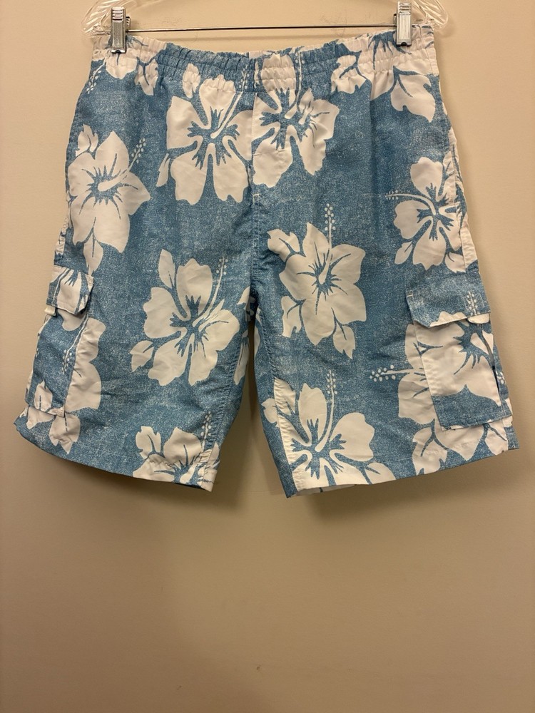 Surf Ave Men's Tropical White Floral Lined Polyester Swim Trunks Light Blue XL