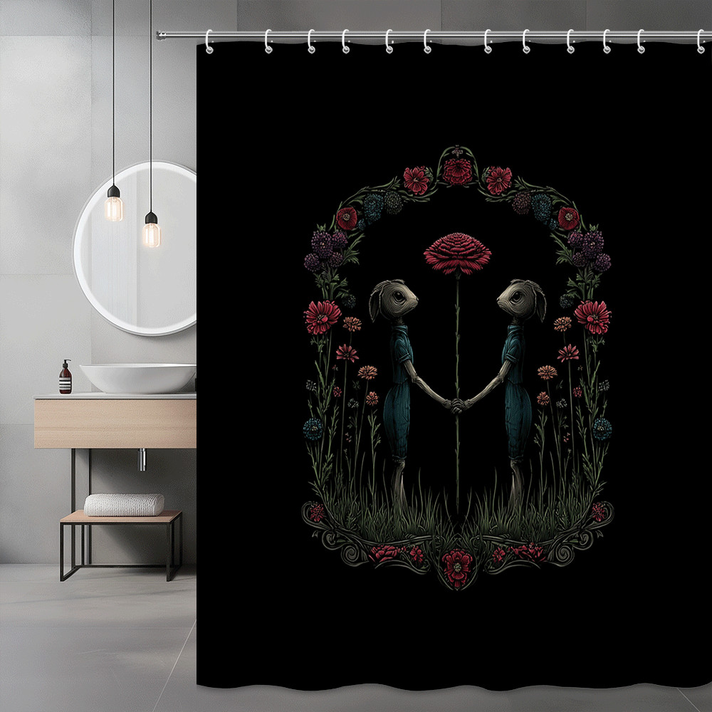 Gothic Floral Shower Curtain Black Rabbit Print