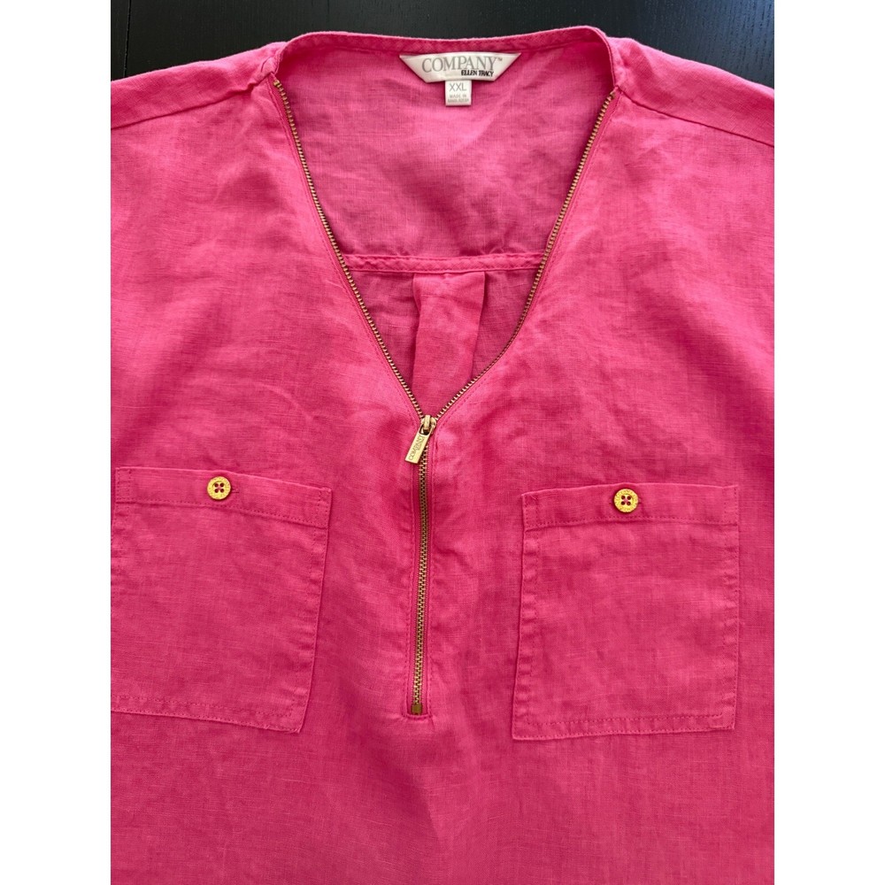 Ellen Tracy Company 100% Linen Shirt Womens XXL Peony Roll Sleeve Tunic Top