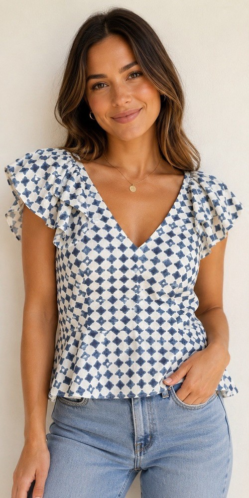 Madewell Women’s Size 14 Blue White Flutter Sleeve Smocked Back Cotton Top