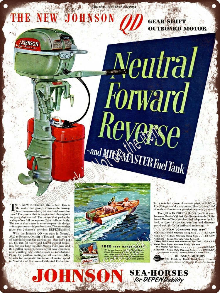1949 Johnson outboard QD boat motor sea horses Fishing Metal Sign 9x12