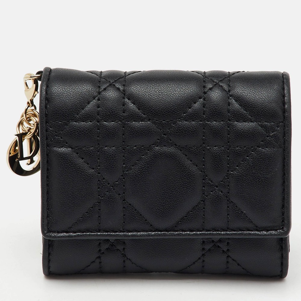 Dior Black Cannage Leather Lady Dior Trifold Wallet with Gold-Tone Hardware