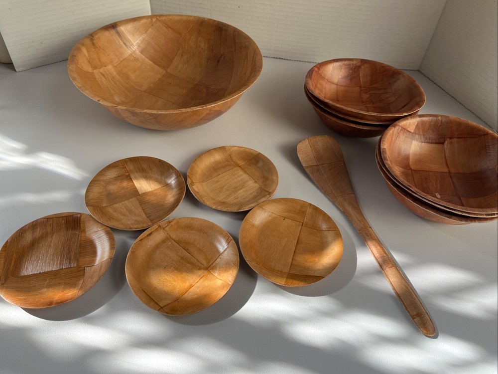 VTG Pressed Wooden Weave Salad Set 6 6” Bowls Set 5 Bread Plates 4” Salad Bowl