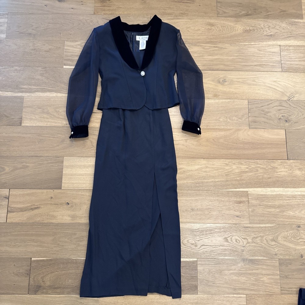 Vintage J.R. Nites by Caliendo 2pc Evening Gown Set Sz 8 Sheer Sleeve Ever Trim