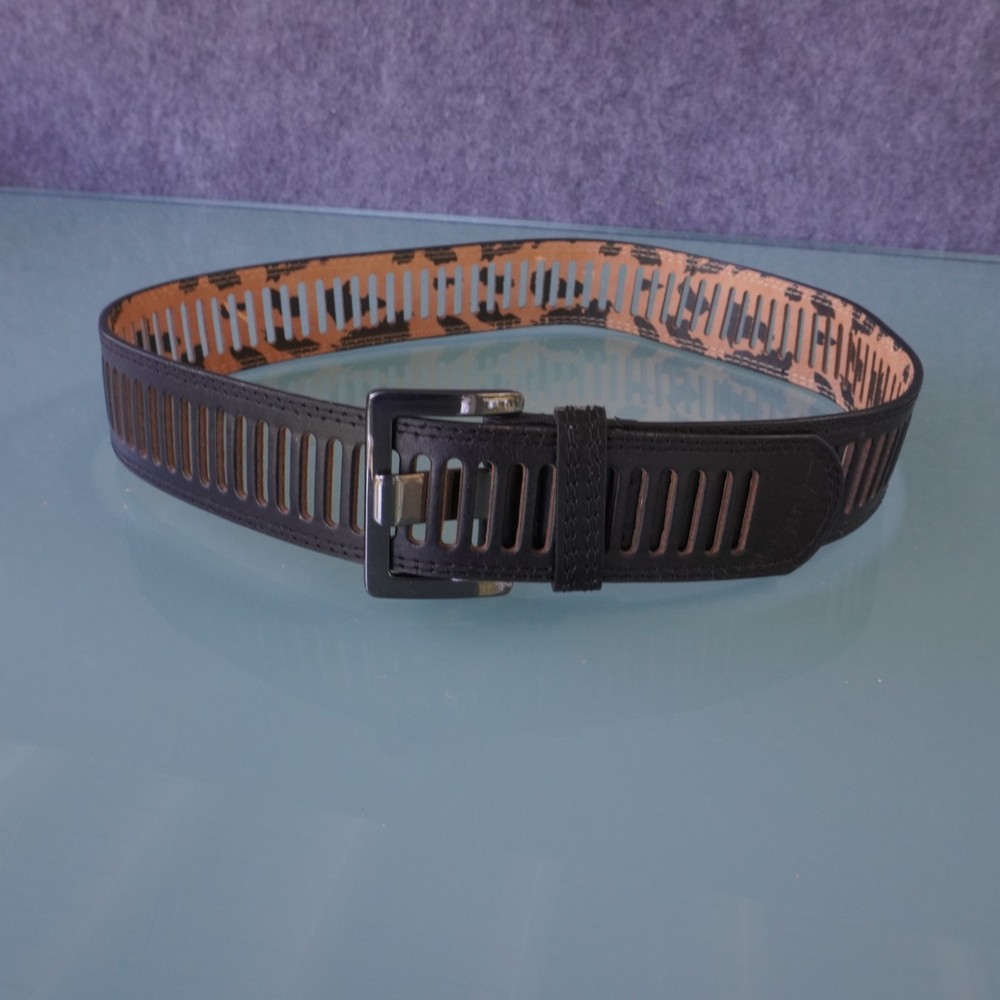Betsey Johnson Perforated Black Belt with Leopard Print Reverse, Women's Size 8,