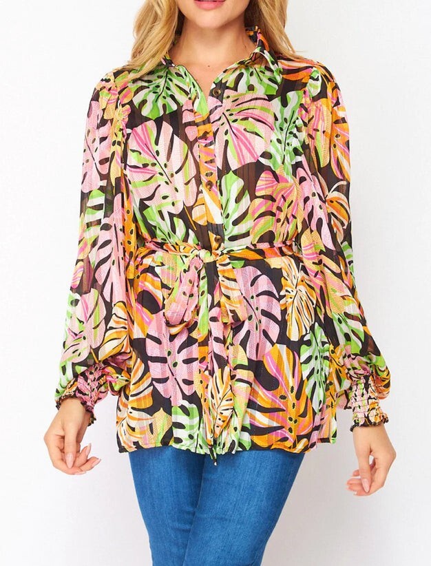 Boutique Womens Leaf Print Button Up Long Sleeve Blouse Self Tie Belt Career S