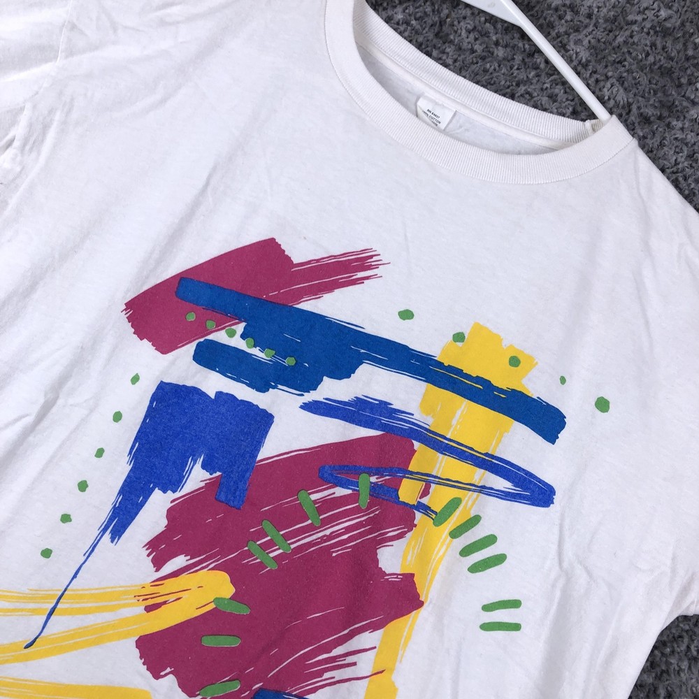 Abstract Shirt Mens L/XL White Colorful Brushstroke Graphic Tee Made USA-image