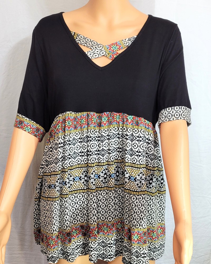 Colorful Adara Womens Rayon Abstract Baby Doll Top AD4624 Black Style-image