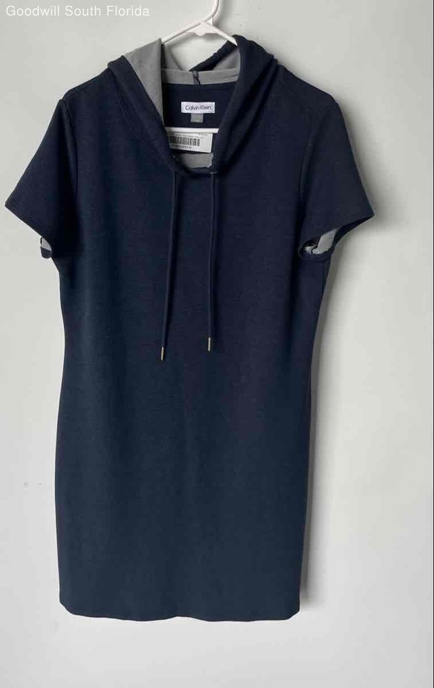 Calvin Klein Womens Blue Short Sleeve Hooded Drawstring Mini Dress Size Large