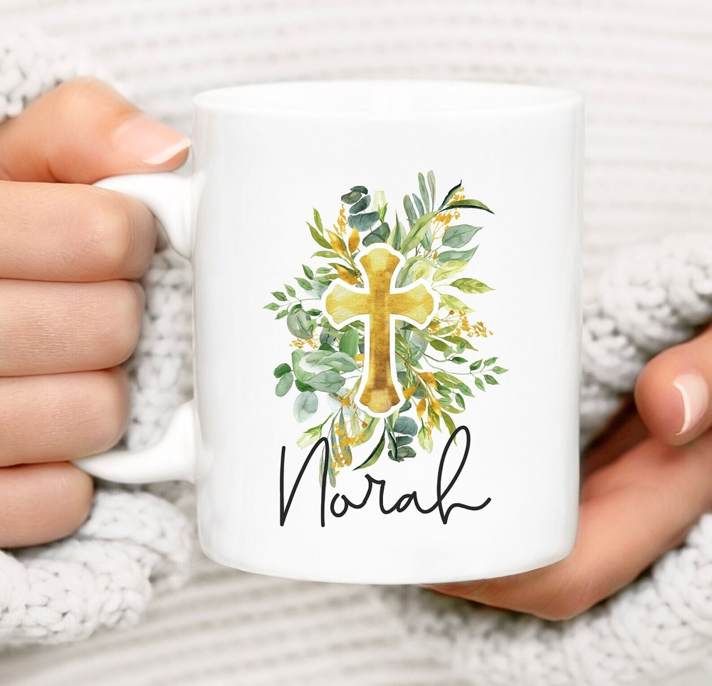 Custom Personalized Floral Cross Name Mug for Christian Gift