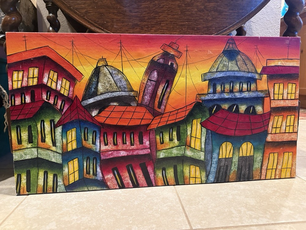 Vintage Havana Cuban Cityscape Original Oil (?) On Canvas Painting Gorgeous
