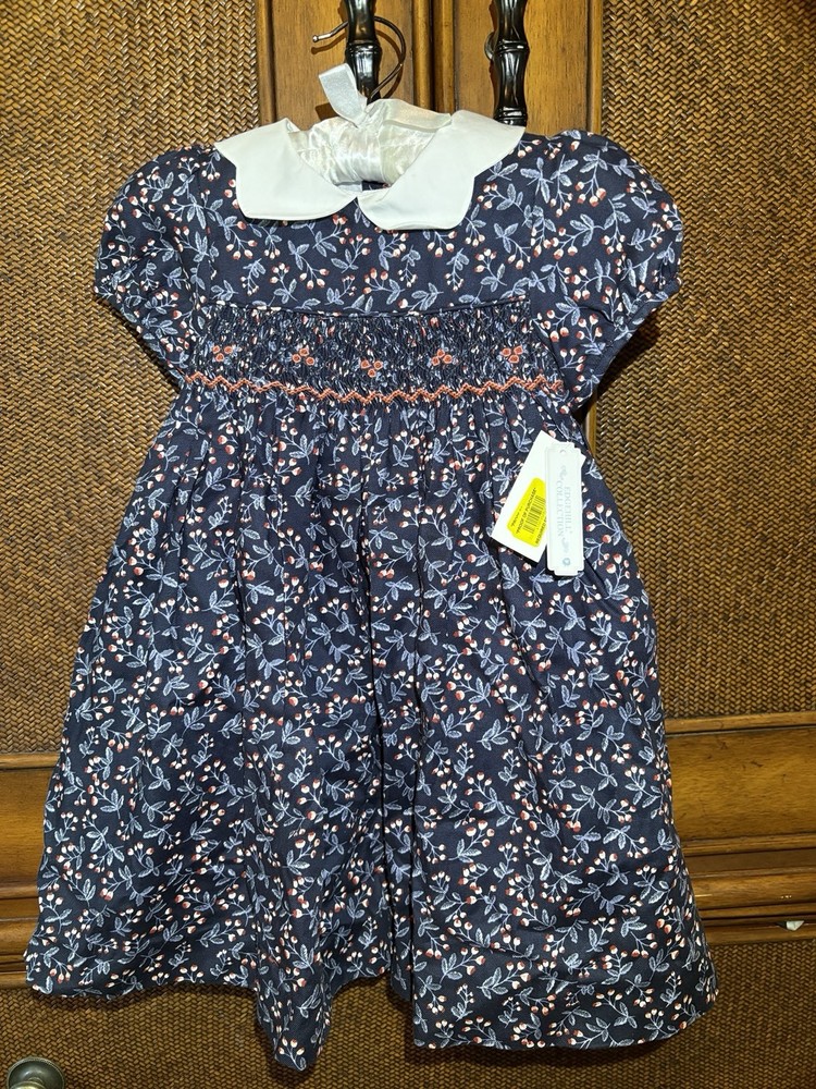 Edgehill Collection Girls 3T Navy Floral Smocked Bow Collared Puff A-Line Dress