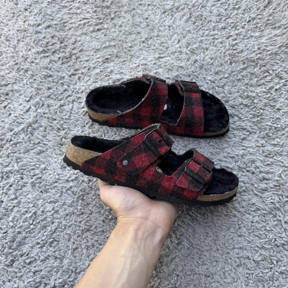 Birkenstock Arizona Rivet Fur Shearling Plaid Sandals (Red/Black) 8 Women’s