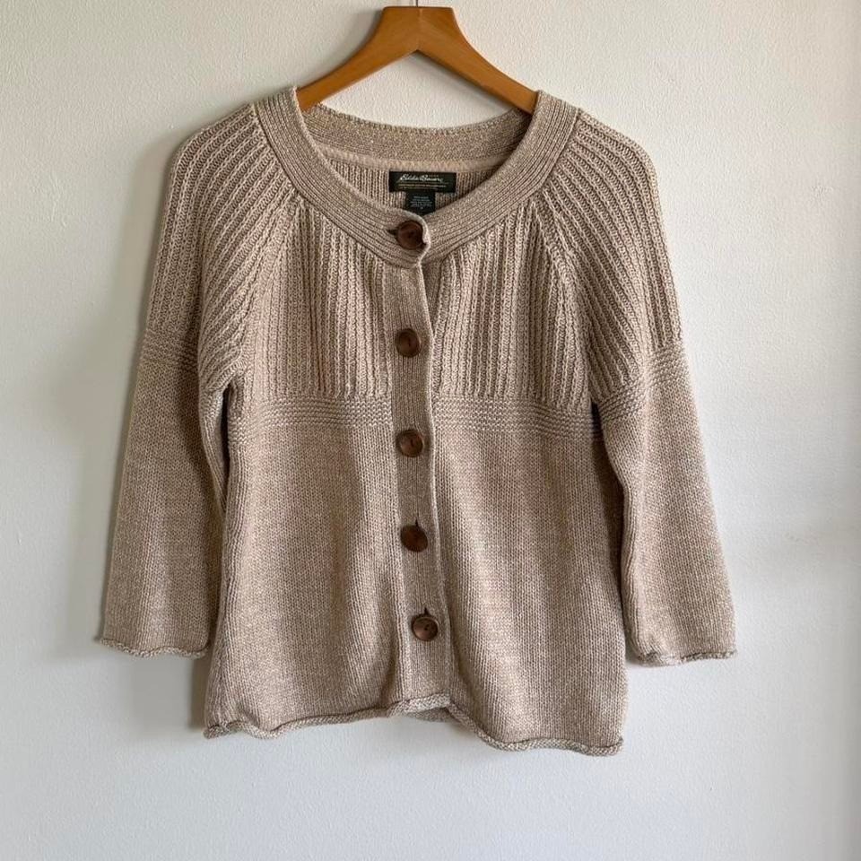 Eddie Bauer Vintage Linen Blend Chunky Knit Cardigan – Beige Button Front Size M