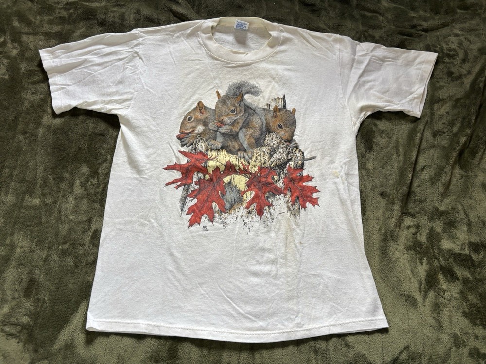 Vintage Squirrel Shirt Mens XL White 80s USA Nature Fall Animal Wildlife Jerzees