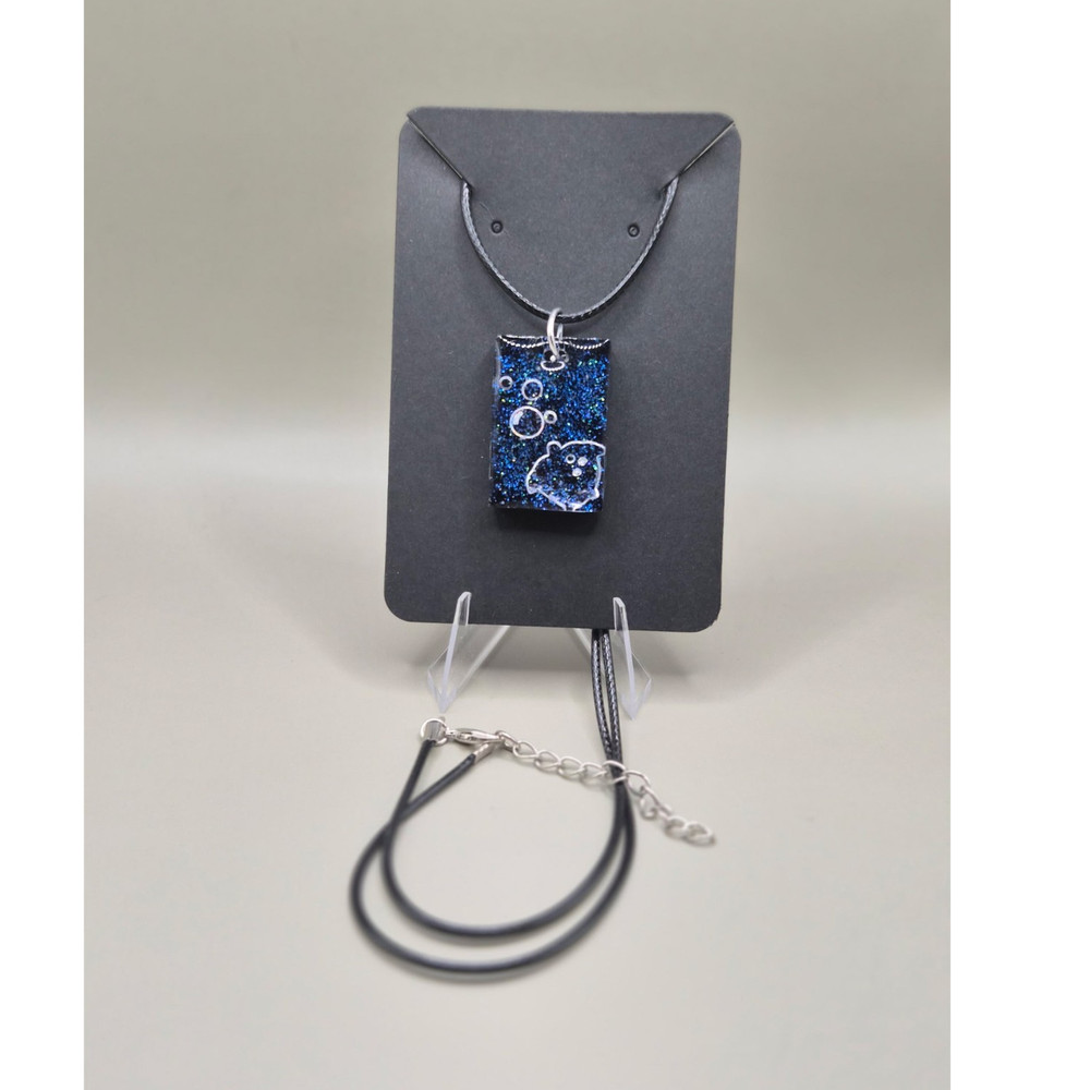 Handcrafted Blue Resin Rectangle Pendant Necklace on Black Cord