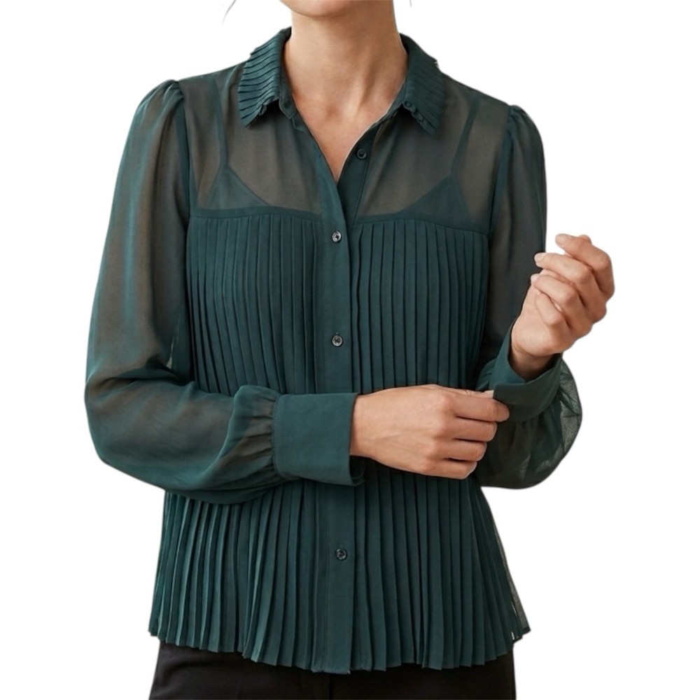 Banana Republic Deep Green Pleated Sheer Long Sleeve Blouse Top Women's Small