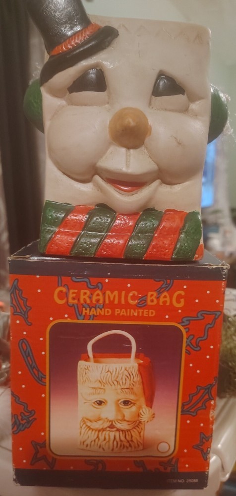 Vintage, w/ Original Box, Ceramic Christmas Snowman Bag