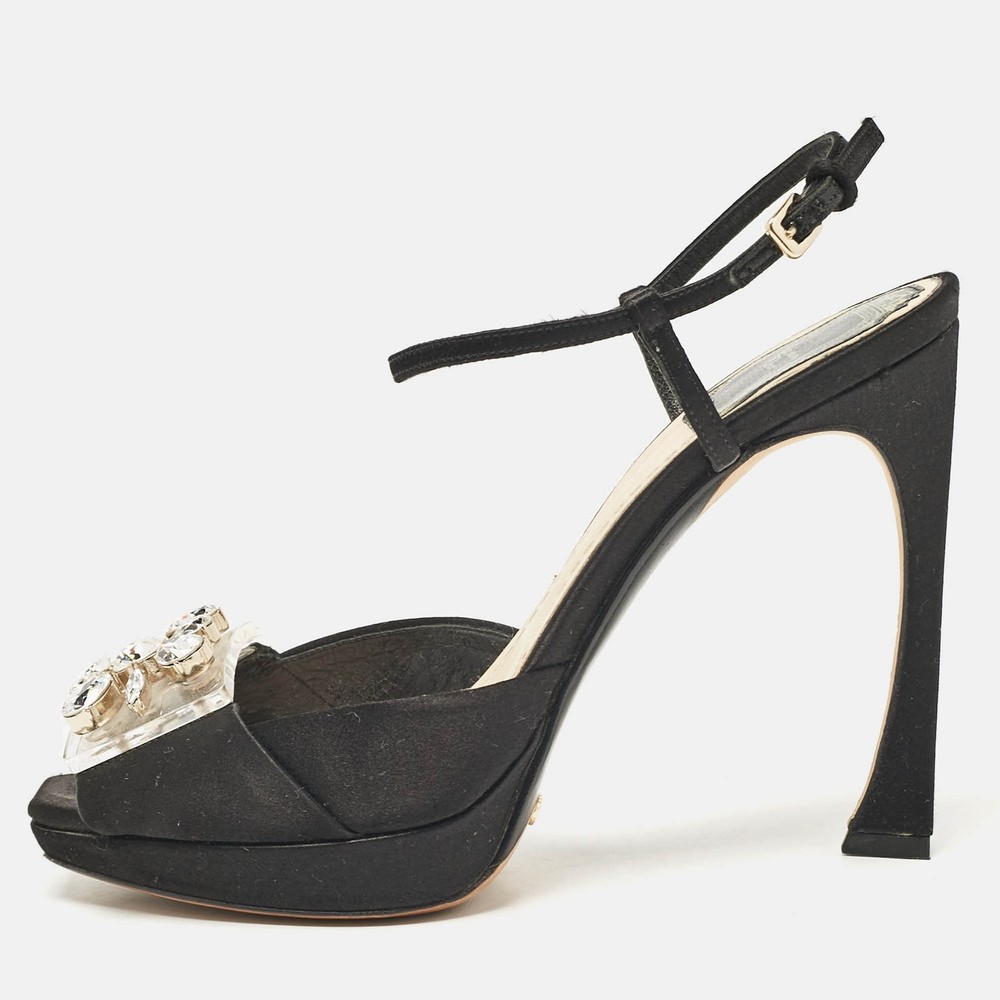 Dior Black Satin Ankle Strap Sandals with Crystal Embellishments Size 36