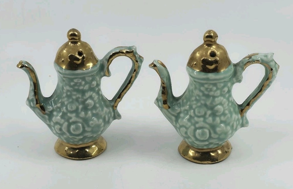 Vintage Teapot Salt Pepper Shakers Seafoam Green Gold Luster Floral Brocade 3