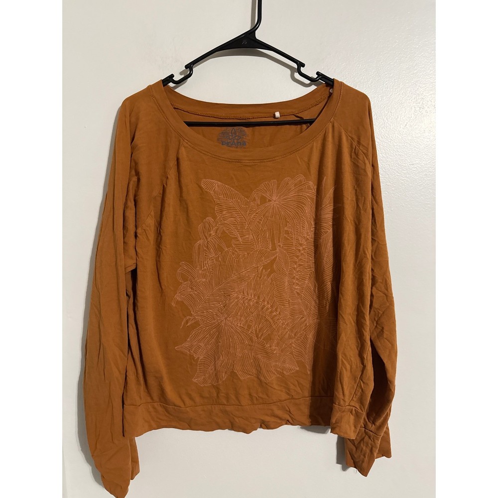 Prana Womens XL Burnt Orange Tropical Leaf Graphic Long Sleeve Raglan T-Shirt