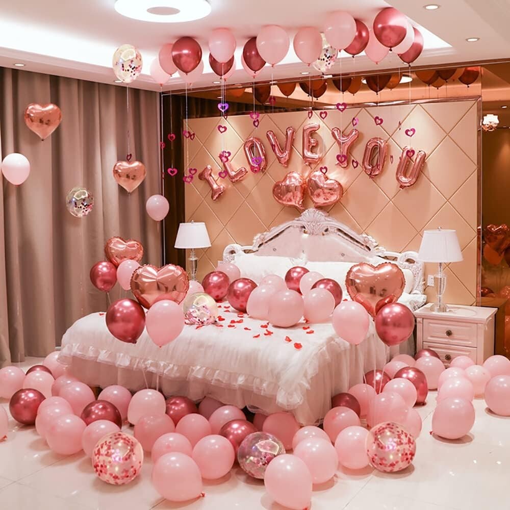 Rose Gold Pink Heart Valentine Balloons Kit 101 Pack with Rose