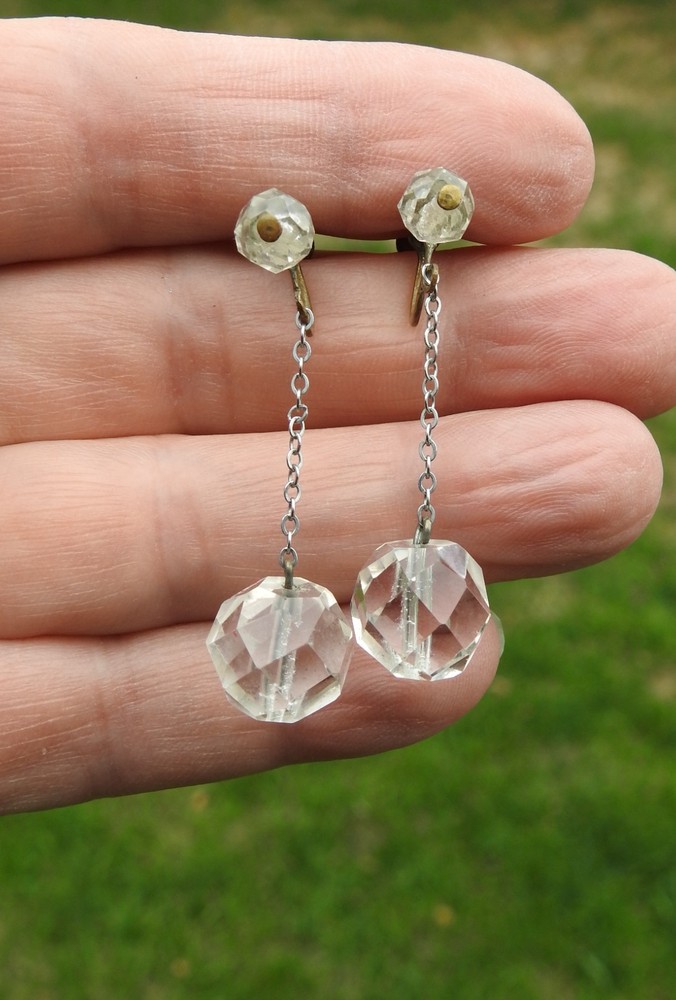 Antique Art Deco 1920s Dangling Faceted Rock Crystal Ball Screw Back Earrings