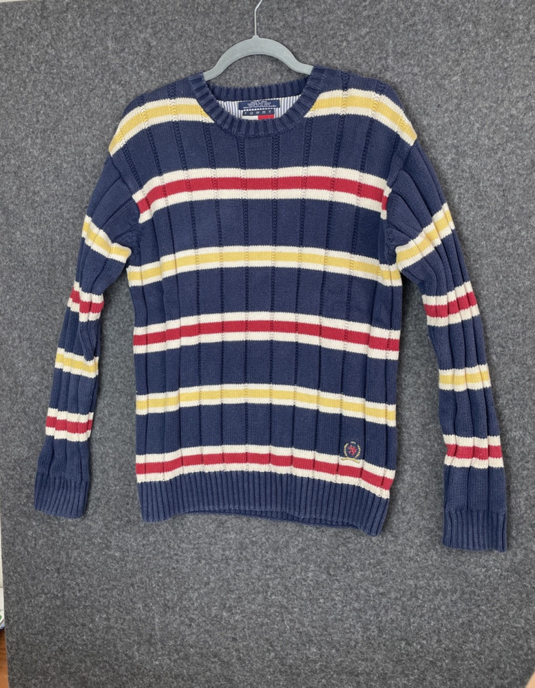 Tommy Hilfiger Navy Yellow Red Stripe Heavy Sweater Men's Medium Vtg Crest