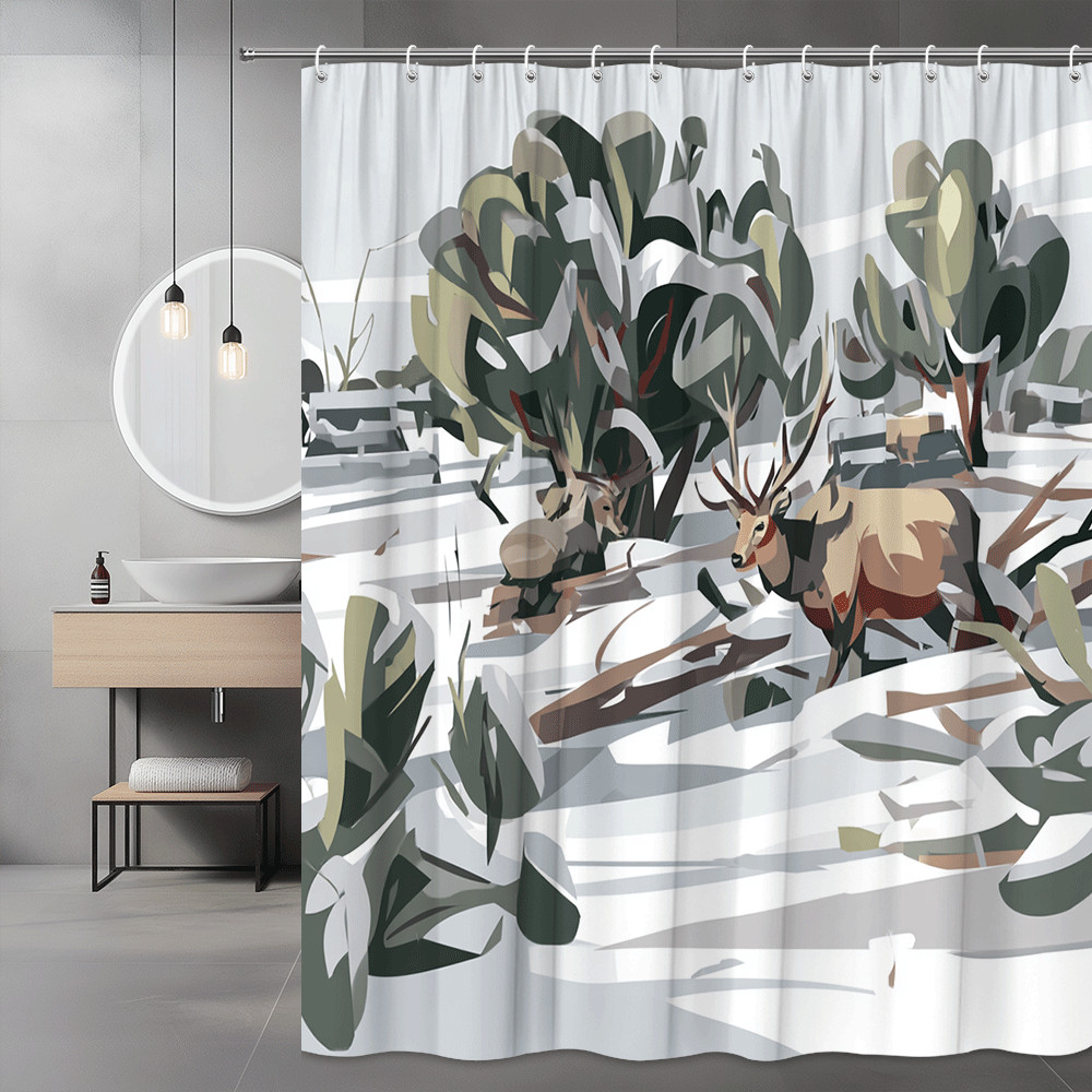 Deer in Snow Forest Shower Curtain, Winter Landscape Print