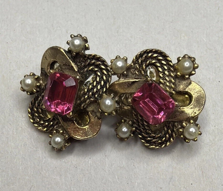 Vintage Gold Tone Clip On Earrings Pink Rhinestone Faux Pearl Statement Jewelry