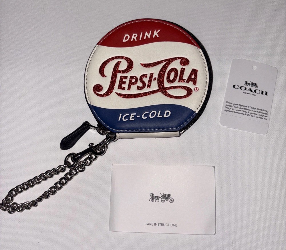 NWT Coach X Pepsi Leather Coin Case Purse Limited Ed Zip Pouch Wristlet Chain