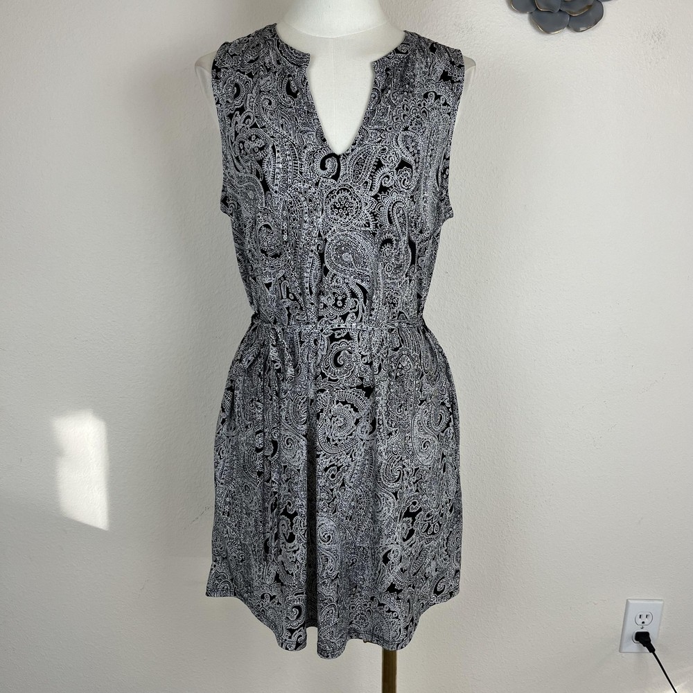 Banana Republic Dress Womens Petite Medium Black White Paisley Pockets Boho