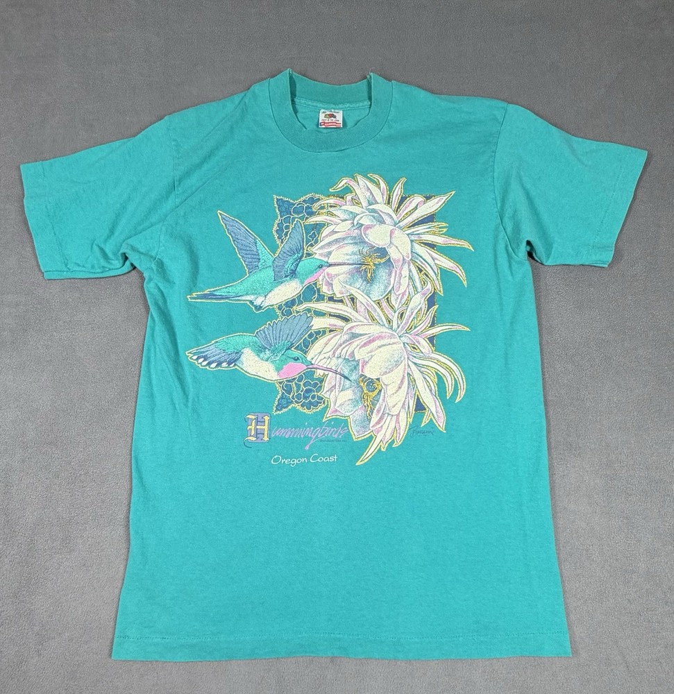 Vintage 90s Hummingbirds Oregon Coast T-Shirt Mens Medium Teal Fruit of the Loom