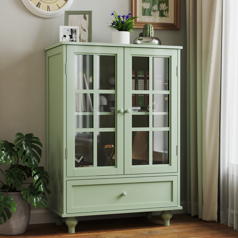 Minimalism Buffet Cabinet with Double Glass Doors and Drawer, Modern Wooden Stor