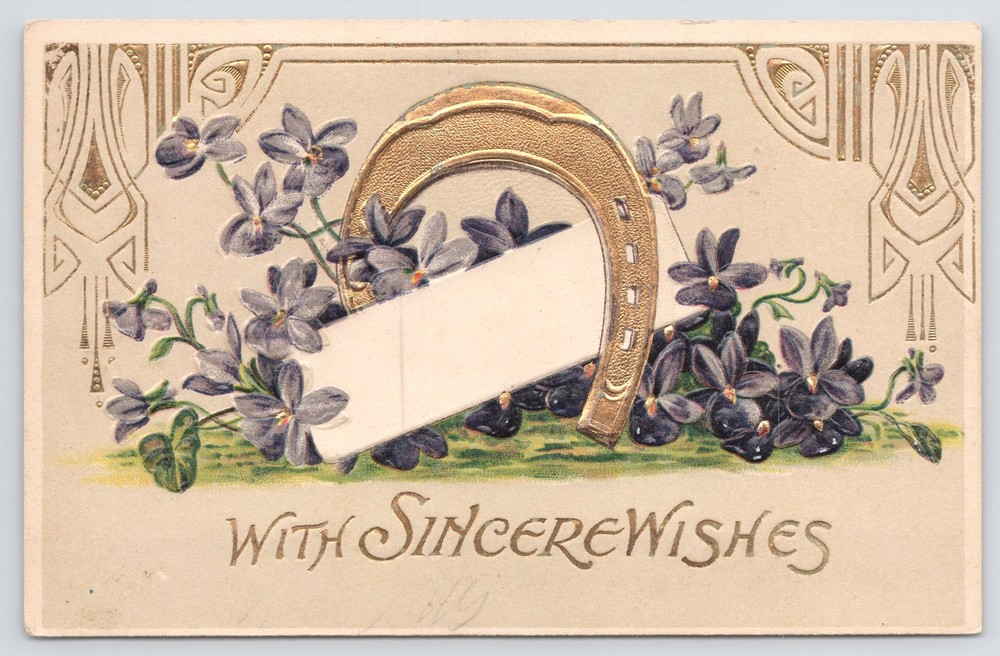 Greetings~Horseshoe Violets With Sincere Wishes~Vintage Postcard
