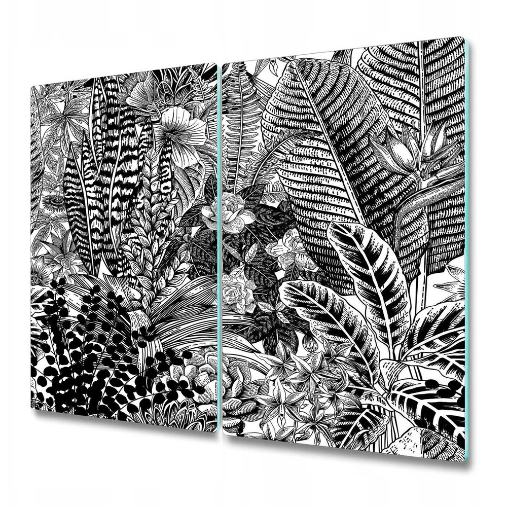 Glass Kitchen Chopping Board Jungle Sketch Tropical exotic plants Black & white