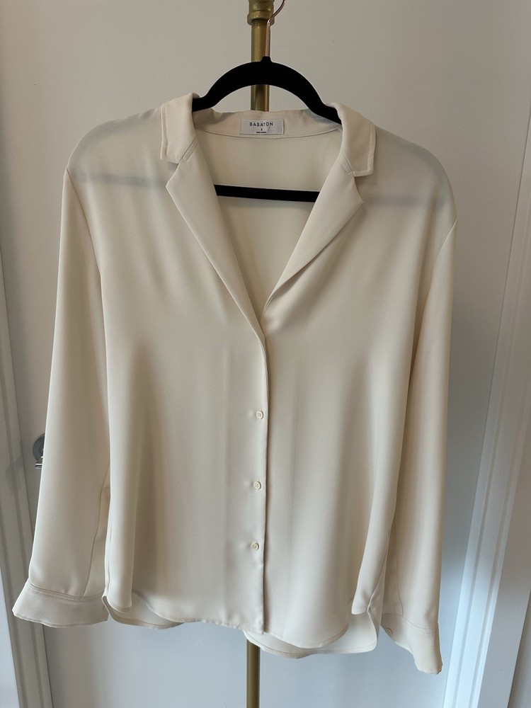 Aritzia Babaton Cream Solid Button-Up Notch Collar Long Sleeve Blouse Women Sz S