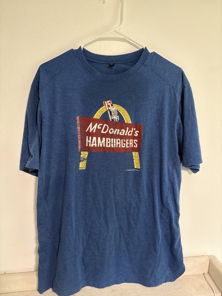 Men's McDonald's Hamburgers Graphic Blue Crewneck T-Shirt Short Sleeve M-R