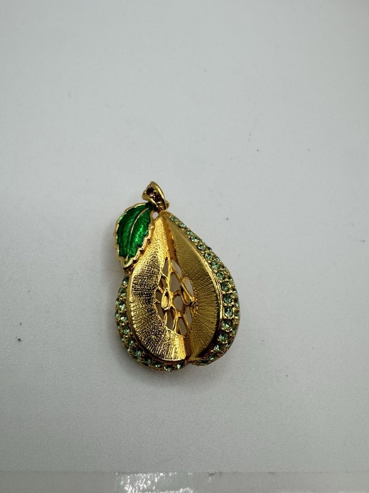 Danecraft Pin Brooch Vintage Gold Tone Pear Fruit Green Pave Crystal Rhinestones