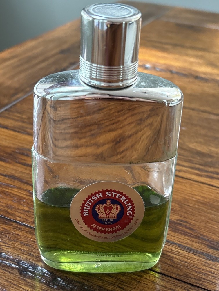 Vintage British Sterling After Shave 3.8Oz Glass Bottle -Half Full , Old Formula