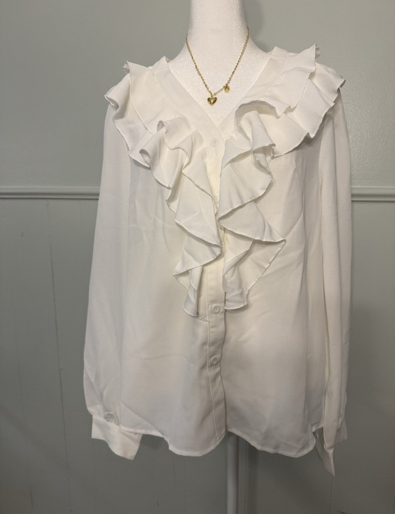 H&M White Solid V-Neck Ruffle Button-Up Long Sleeve Blouse Women's XL