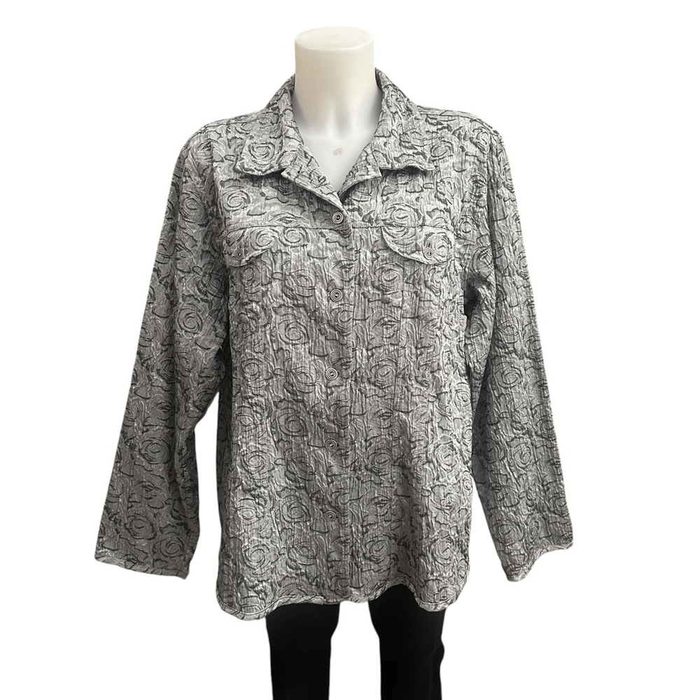 Chico’s Gray Silver Rose Embossed Pattern Button Front Jacket sz 3/ XL