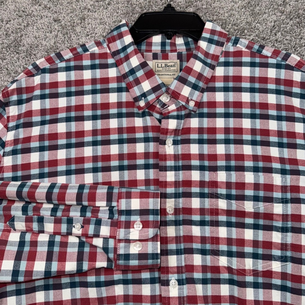 L.L. Bean Mens Traditional Fit Button Down Shirt Plaid XL Cotton Blend Red Blue