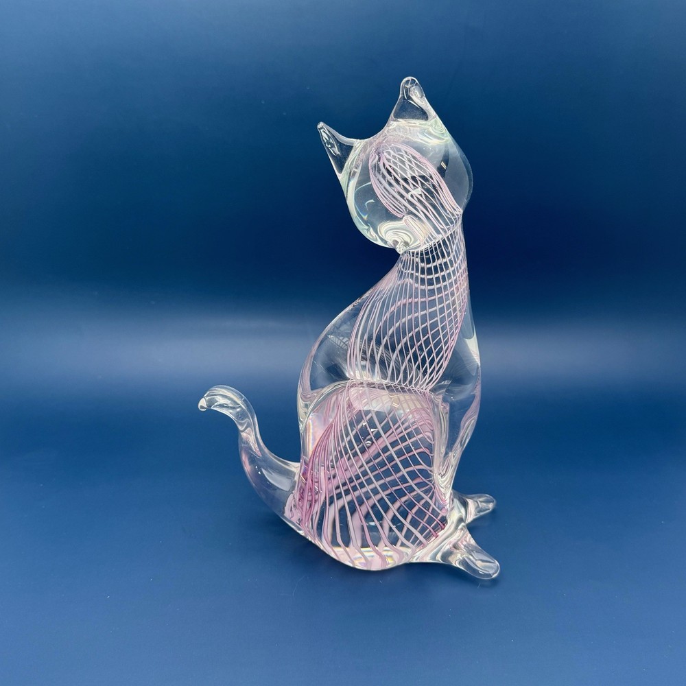 Vintage Murano Venezia Glass Pink Spiral Clear Cat Art Statue 8.5