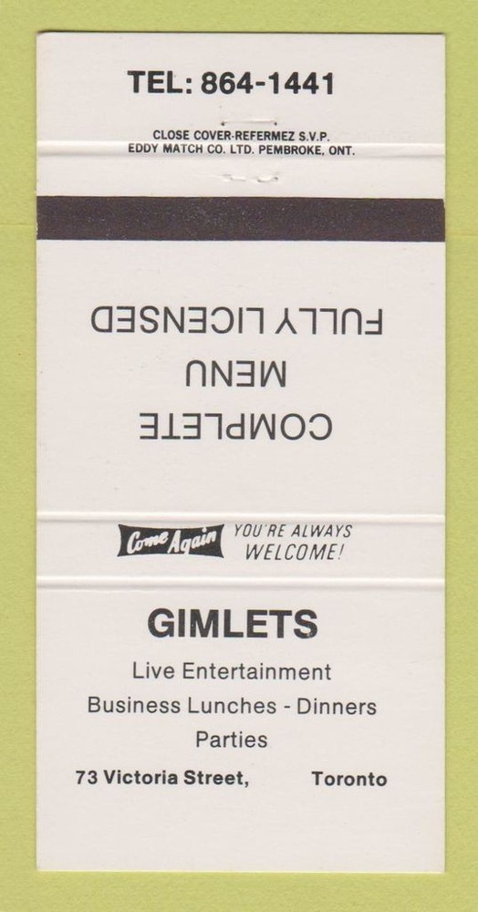 Matchbook Cover - Gimlets Restaurant Toronto ON 30 Strike