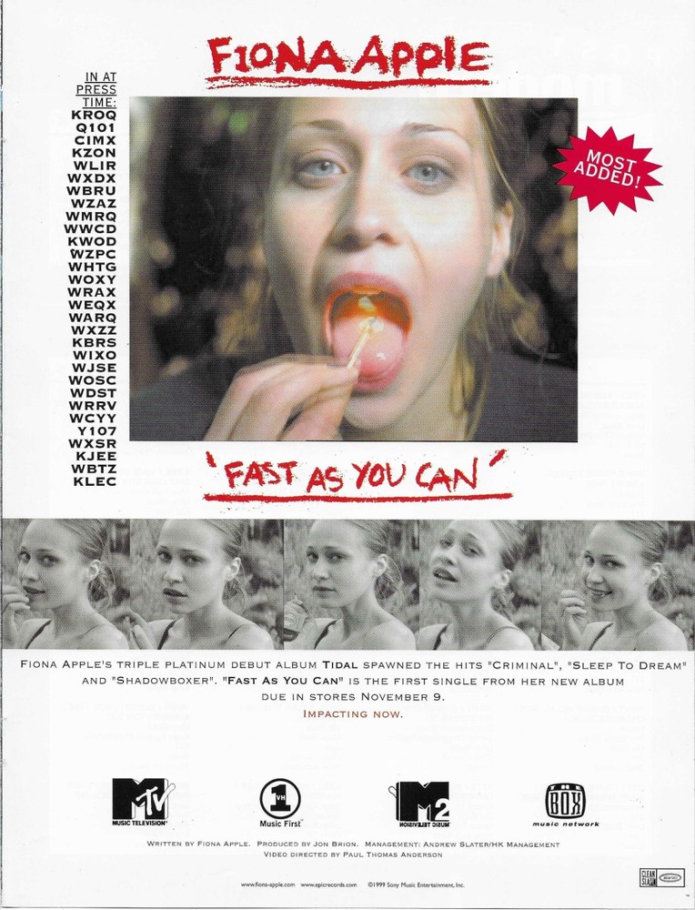 FIONA APPLE Vintage Fast ALTERNATE 1999 PROMO TRADE AD Poster 4 Tidal 8.5x11