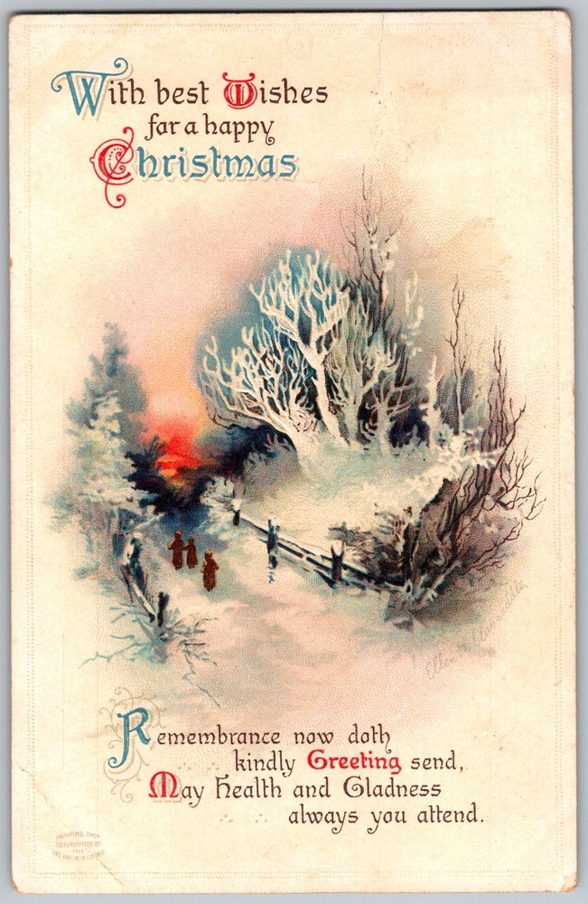 Antique Postcard Christmas Lane Scene Assumption, IL 1910s